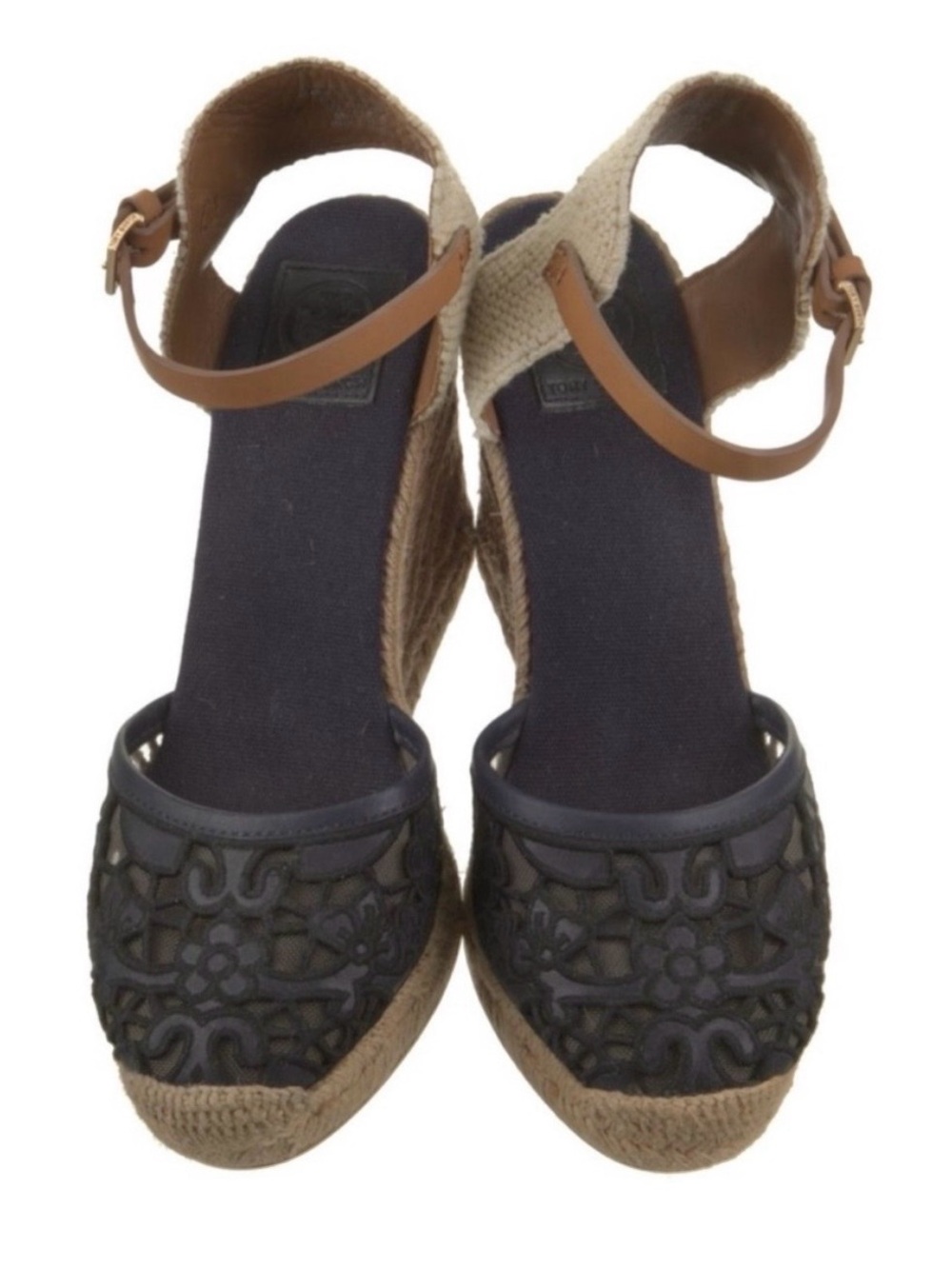 TORY BURCH Navy & Tan Lucia Lace Espadrille Wedge Platform Sandal - Picture 3 of 7